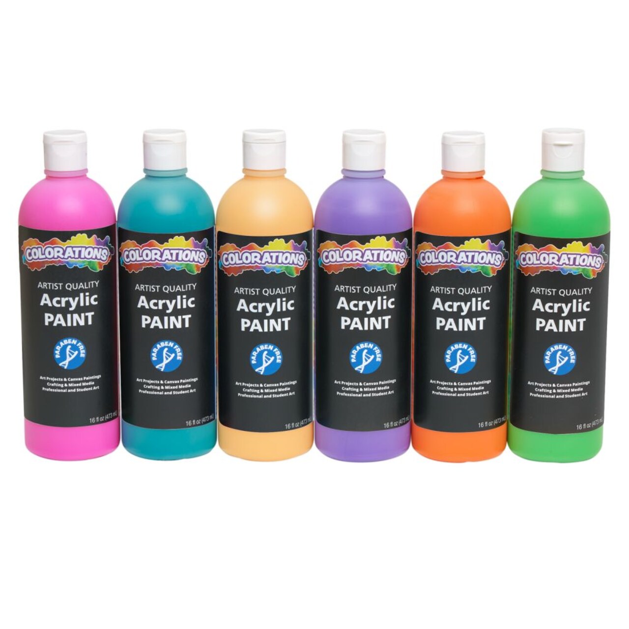 Colorations Artist Quality Acrylic 6 Color Paint Set. Each 16 oz (473ml) - Made in United States, Paraben-Free, Non-Toxic, Acrylic Paint for Adults and Kids